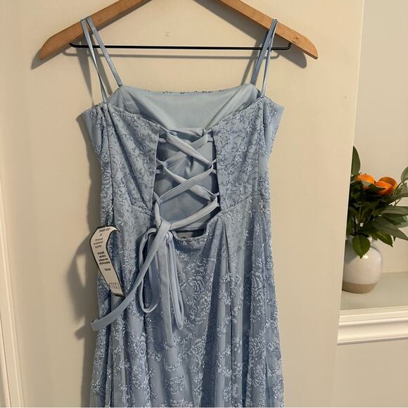 NWT JUMP Apparel Blue Glitter Lace Strapless Maxi Gown 7/8 - Picture 6 of 11
